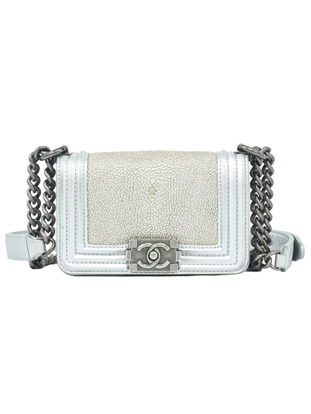 Chanel Boy CC Logo Chain Shoulder Bag Pochette Garu Sha Leather Metallic Silver